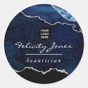 Navy and Silver Agate Precious Stone Corporate Classic Round Sticker