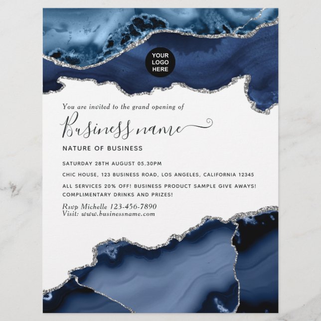 Navy and Silver Agate Precious Stone Grand Opening Flyer (Front)