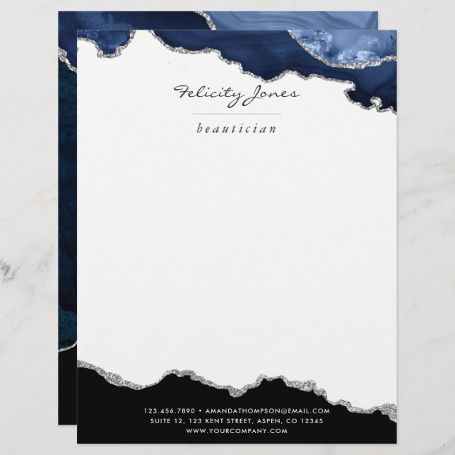 Navy and Silver Agate Precious Stone Letterhead (Front/Back)