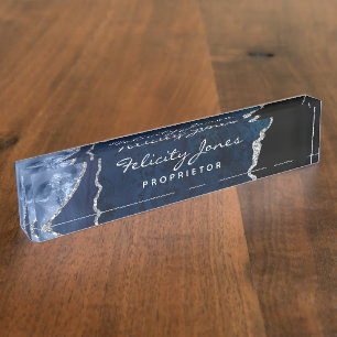 Navy and Silver Agate Precious Stone Nameplate