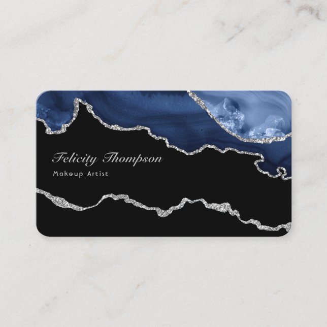 Navy and Silver Agate Precious Stone QR Code Business Card (Front)