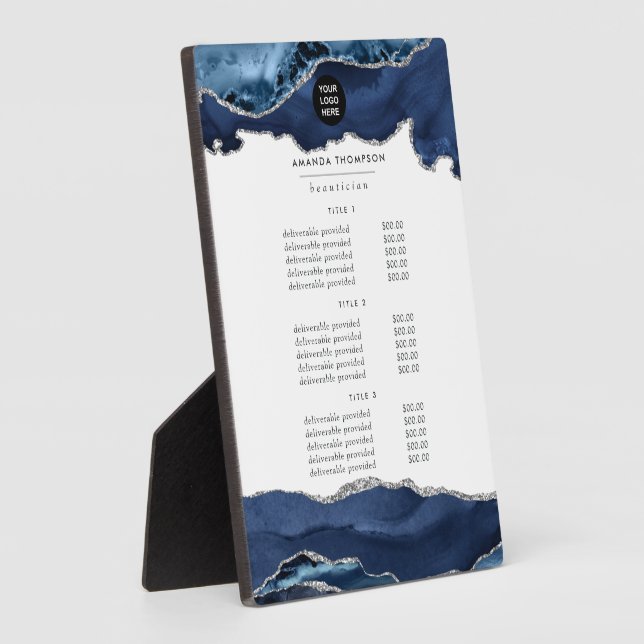 Navy and Silver Agate Pricing and Services Plaque (Side)