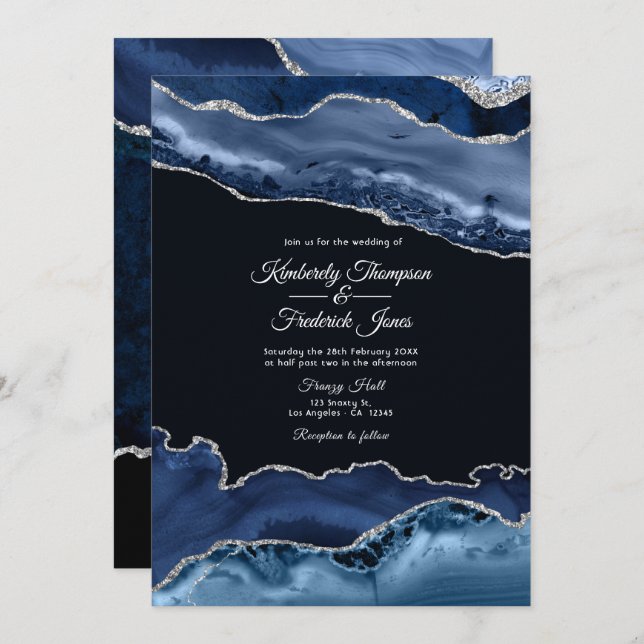 Navy and Silver Agate Wedding Invitation (Front/Back)