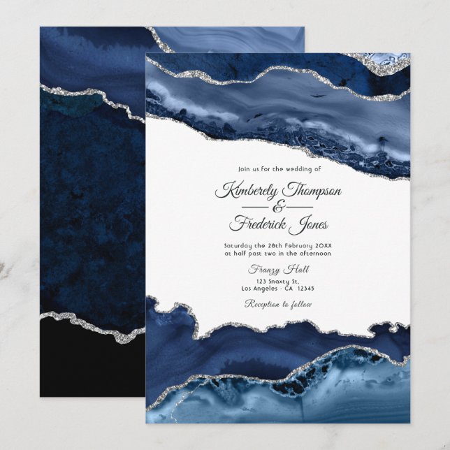 Navy and Silver Agate Wedding Invitation (Front/Back)