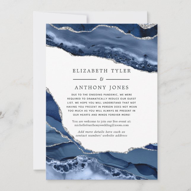 Navy and Silver Agate Wedding Reduced Guest List Announcement (Front)