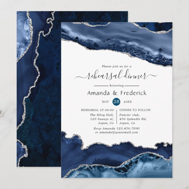 Navy and Silver Agate Wedding Rehearsal Dinner Invitation (Front/Back)