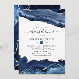Navy and Silver Agate Wedding Rehearsal Dinner Invitation