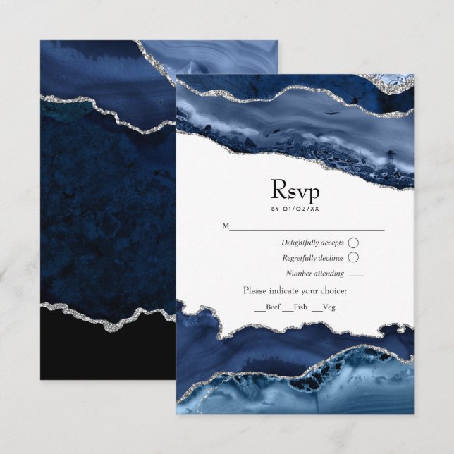 Navy and Silver Agate Wedding RSVP Card (Front/Back)