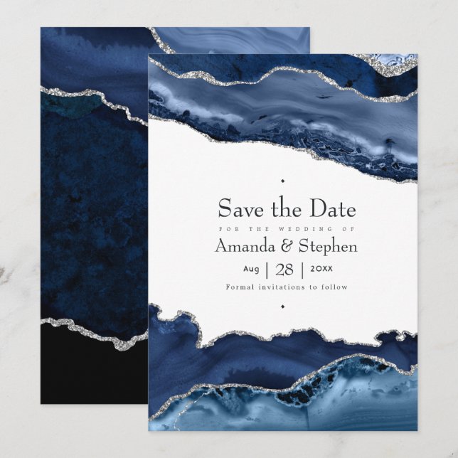 Navy and Silver Agate Wedding Save The Date (Front/Back)