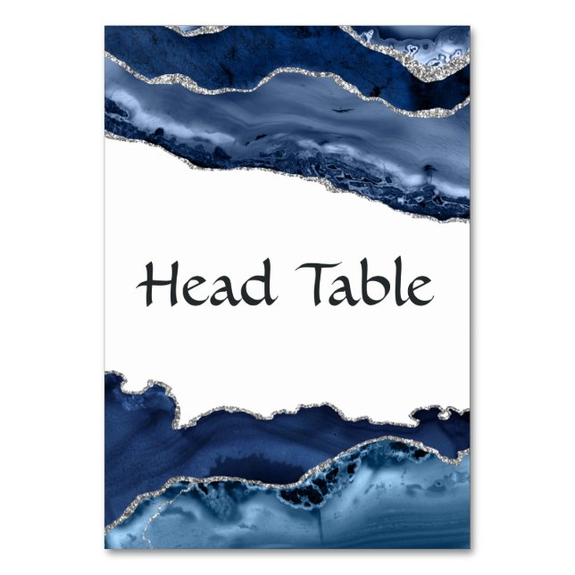 Navy and Silver Agate Wedding Table Number (Front)