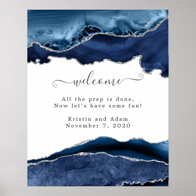 Navy and Silver Agate Wedding Welcome Poster (Front)