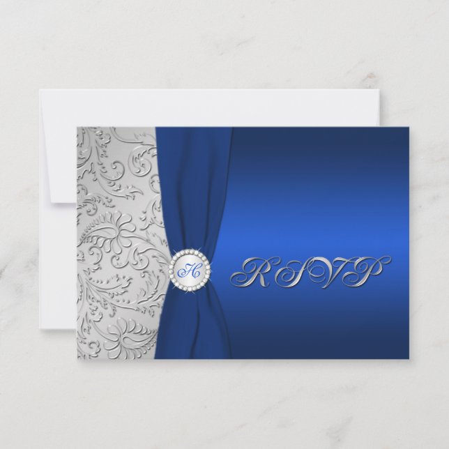 Navy and Silver Damask Monogrammed RSVP Card (Front)