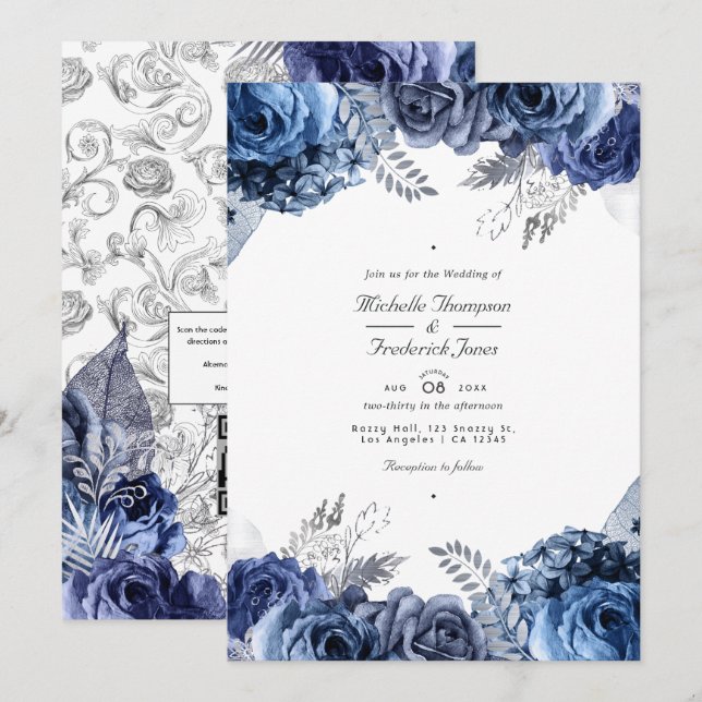 Navy and Silver Faux Foil Floral QR Code Wedding Invitation (Front/Back)