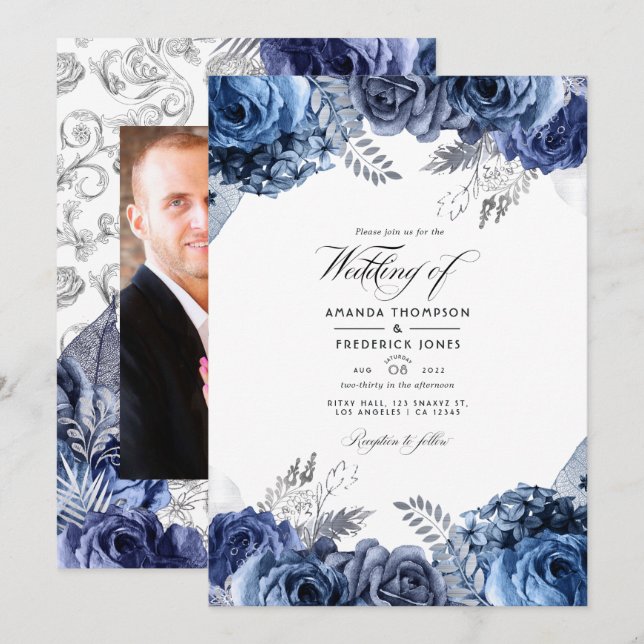 Navy and Silver Faux Foil Floral Wedding Photo Invitation (Front/Back)