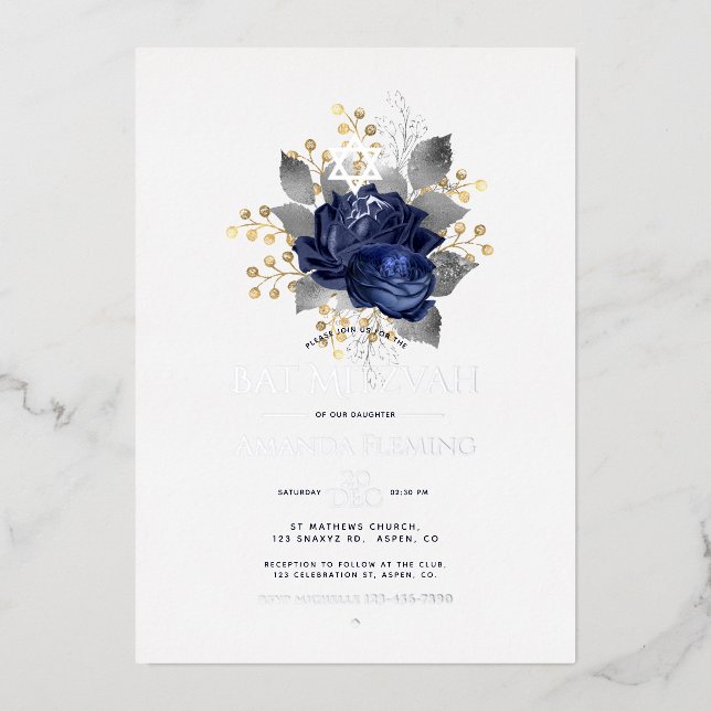 Navy and Silver Floral Bat Mitzvah Photo (Front)