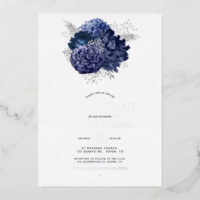 Navy and Silver Floral Bat Mitzvah Photo (Front)