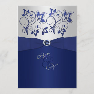Navy and Silver Floral Monogram Invitation