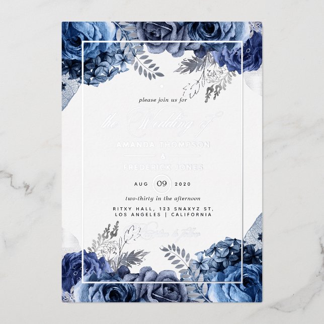 Navy and Silver Floral Wedding Foil Invitation (Front)