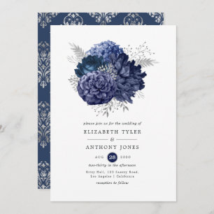 Navy and Silver Floral Wedding Invitation