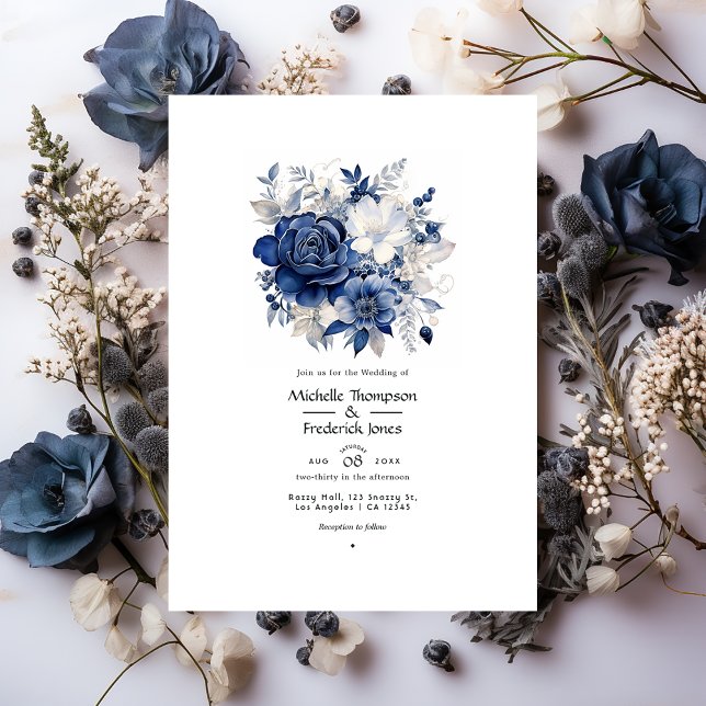 Navy and Silver Floral Wedding Invitation (Creator Uploaded)