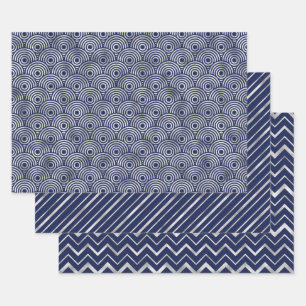Navy and Silver Geometric Patterns Elegant Wrapping Paper Sheet