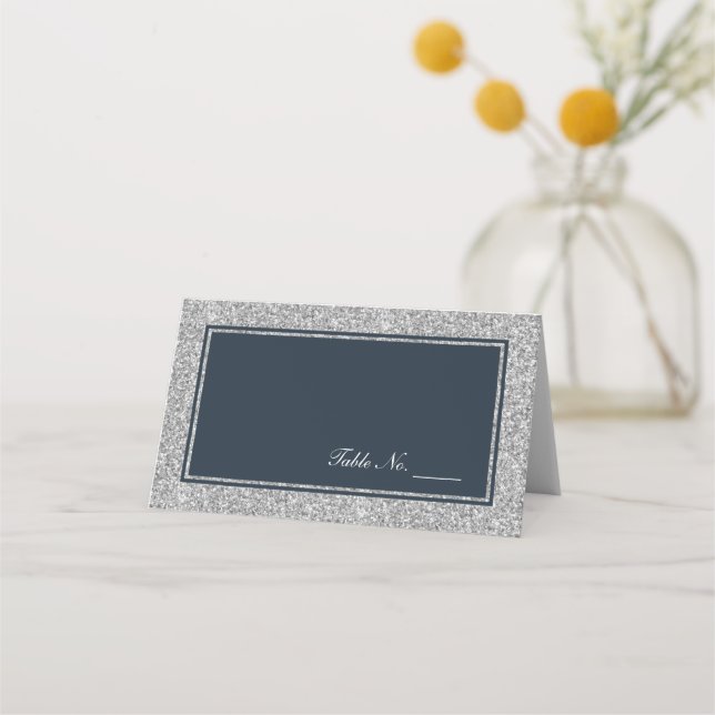 Navy and Silver Glitter Personalized Place Card (Front)