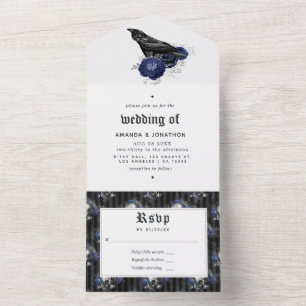 Navy and Silver Gothic Floral Wedding All In One Invitation