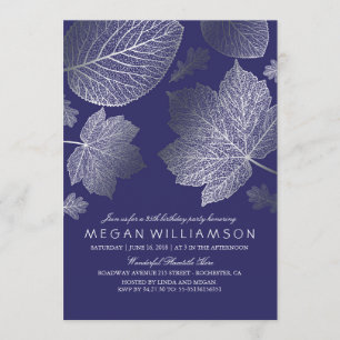 Navy and Silver Leaves Fall Birthday Party Invitation