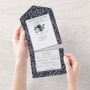 Navy and Silver Leopard Print Watercolor Flower  All In One Invitation