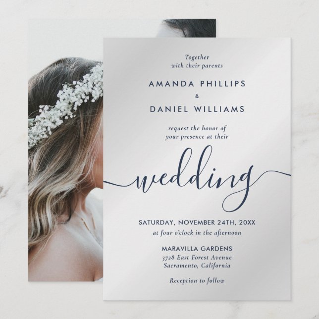 Navy and Silver Modern Script Photo Wedding Invitation (Front/Back)