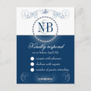 Navy and silver RSVP postcards Rhinestones