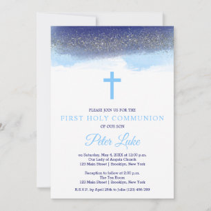 Navy and Silver Sparkle First Holy Communion Invitation