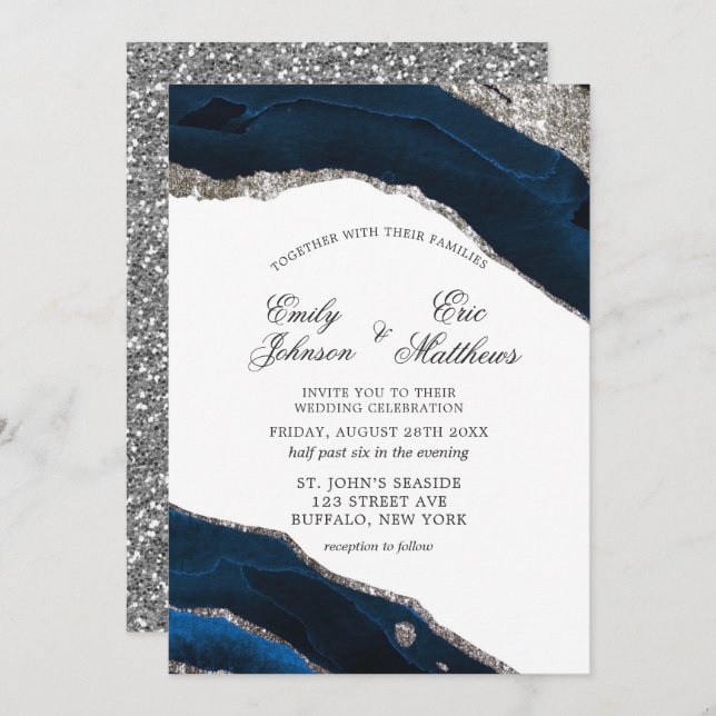 Navy and Silver Watercolor Agate Wedding Invitation (Front/Back)