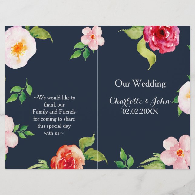navy and silver watercolor flowers wedding (Front)