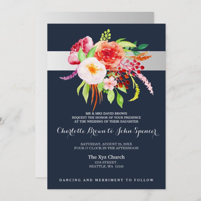 navy and silver watercolor flowers wedding invitation (Front/Back)