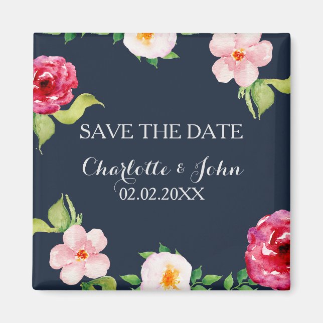 navy and silver watercolor flowers wedding magnet (Front)