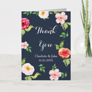 navy and silver watercolor flowers wedding thank you card
