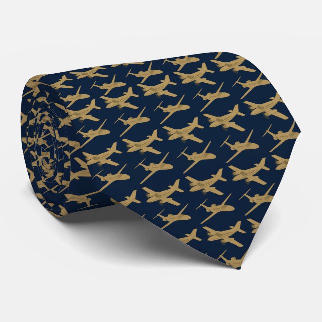 Navy and Tan Airplane Men's Neck Tie (Rolled)