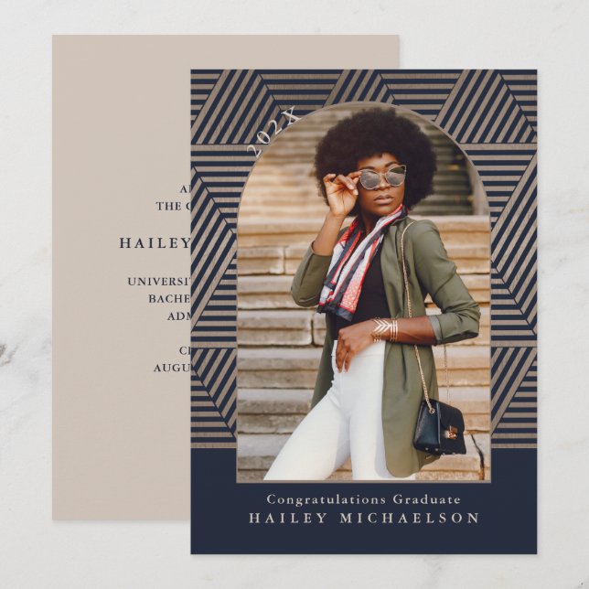 Navy and Taupe Geometric Print Photo Graduation Invitation (Front/Back)