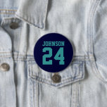 Navy and Teal Athlete Name Jersey Number 3 Inch Round Button<br><div class="desc">Cheer on your favourite sports team, football player or just show off your school pride with a custom personalized spirit button! Add your school name or personalize with a player's name and jersey number. Perfect for football, basketball, baseball and soccer games! Create custom pins for the whole team, cheerleaders, parents...</div>