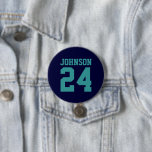 Navy and Teal Athlete Name Jersey Number 3 Inch Round Button<br><div class="desc">Cheer on your favourite sports team, football player or just show off your school pride with a custom personalized spirit button! Add your school name or personalize with a player's name and jersey number. Perfect for football, basketball, baseball and soccer games! Create custom pins for the whole team, cheerleaders, parents...</div>