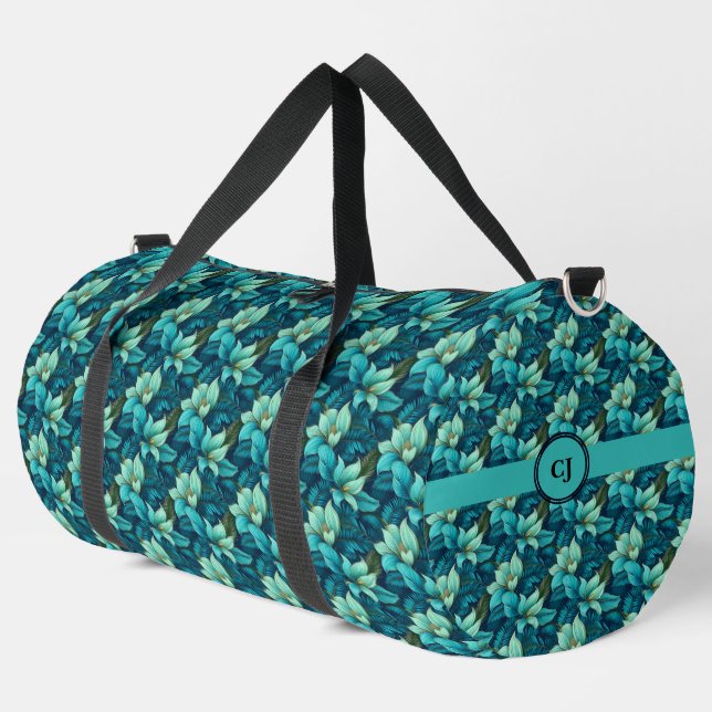  Navy and Teal Floral Personalized  Duffle Bag (Left Corner)