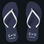 Navy and Turquoise Modern Wedding Monogram Flip Flops<br><div class="desc">Custom printed flip flop sandals personalized with a cute heart and your monogram initials and wedding date. Click Customize It to change text fonts and colours or add your own images to create a unique one of a kind design!</div>