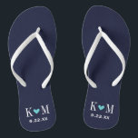 Navy and Turquoise Modern Wedding Monogram Flip Flops<br><div class="desc">Custom printed flip flop sandals personalized with a cute heart and your monogram initials and wedding date. Click Customize It to change text fonts and colours or add your own images to create a unique one of a kind design!</div>