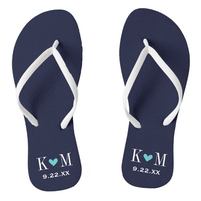 Navy and Turquoise Modern Wedding Monogram Flip Flops (Footbed)