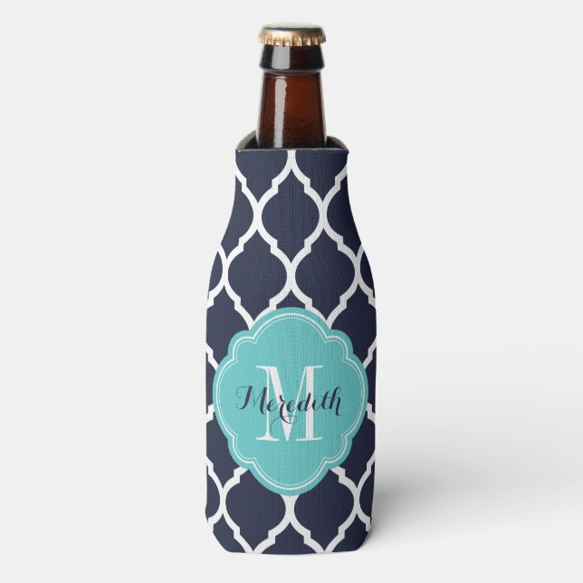 Navy and Turquoise Moroccan Quatrefoil Monogram Bottle Cooler (Bottle Front)