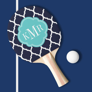 Navy and Turquoise Moroccan Quatrefoil Monogram Ping Pong Paddle