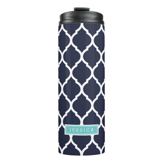 Navy and Turquoise Moroccan Quatrefoil Monogram Thermal Tumbler (Front)