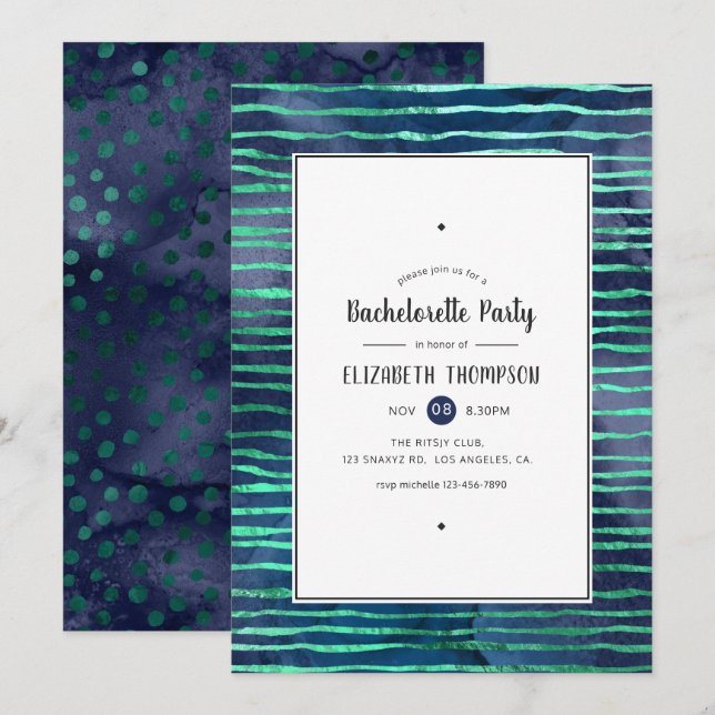 Navy and Turquoise Stripes and Dots Bachelorette Invitation (Front/Back)