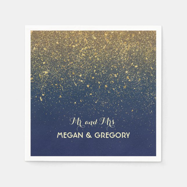 Navy and Vintage Gold Glitter Wedding Napkin (Front)